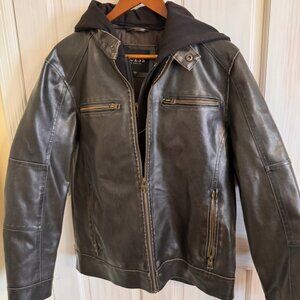 GUESS Men' Faux Leather with Removable Hoodie Moto Jacket S